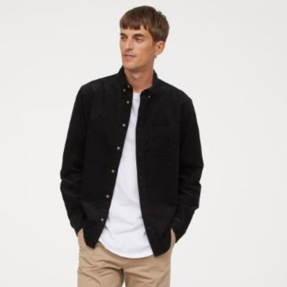 H&M Black Corduroy Shirt Regular Fit Size L - Picture 1 of 9